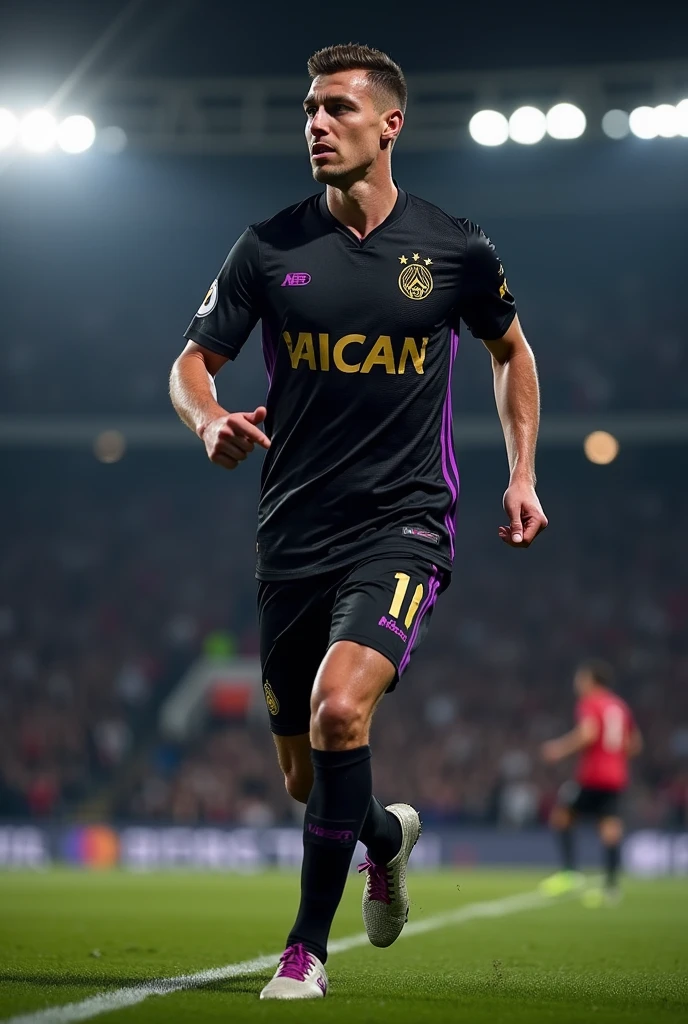 Make me the updated Ajax uniform but with black colors, purple and gold