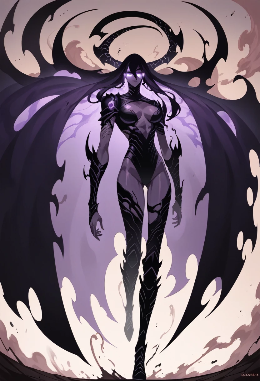 Arise, shadow, glowing, aura, shadow_soldier, glowing eyes, ghost, purple skin, black skin, glowing skin, aura skin, smokey skin, dark skin, shadowy figure, misty and wispy, swirling smoke, dark fantasy, ethereal, Purple and black