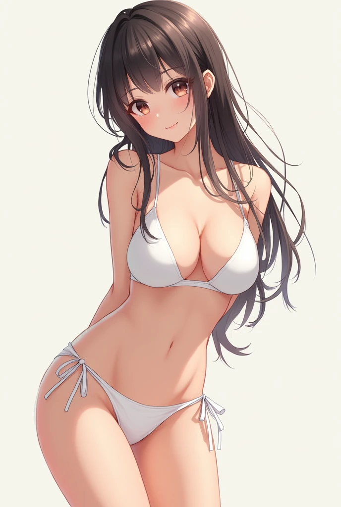 One girl, Large Breasts,, High resolution, masterpiece,  Open your mouth a little, ribbon, Simple Background, Young Japanese Girl、White Bikini　Thin legs、Being sisters、Cute face、smile、Long Hair, 