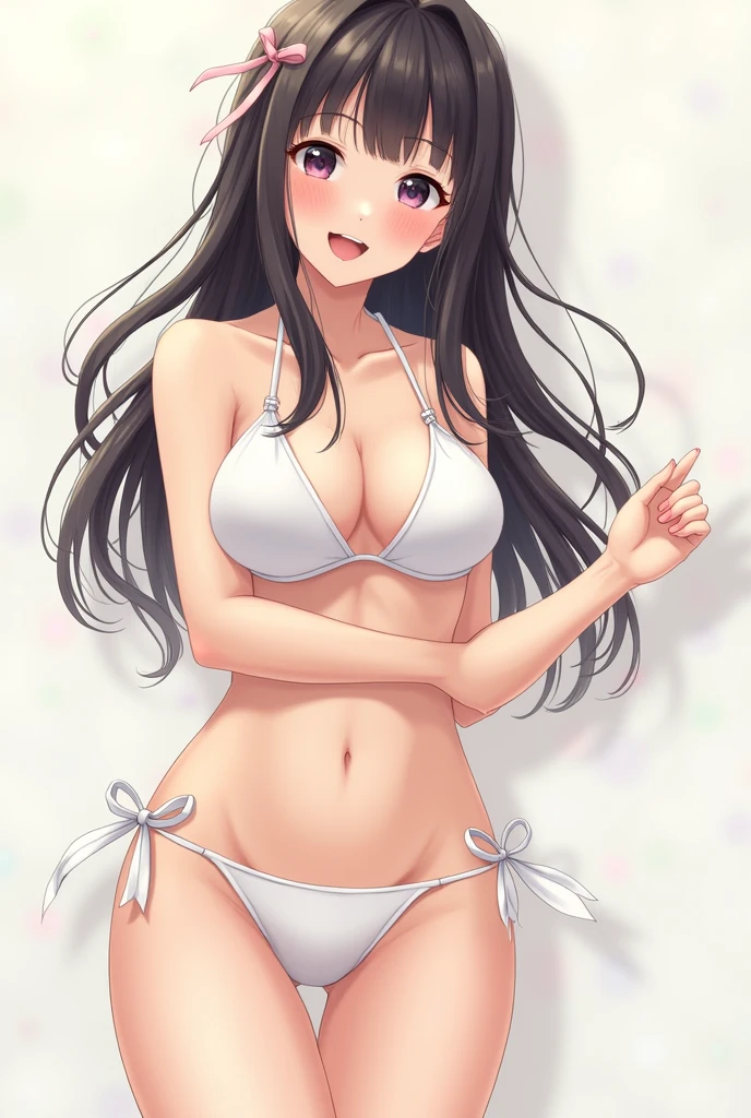 One girl, Large Breasts,, High resolution, masterpiece, Open your mouth a little, ribbon, Simple Background, Young Japanese Girl、White Bikini Thin legs、Being sisters、Cute face、smile、Long Hair,