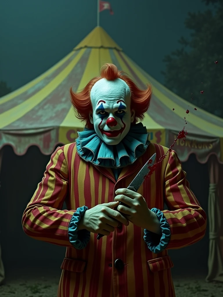 A photo of a 1970s horror movie scene set in a circus. A clown with a red nose and a striped suit is holding a bloodied knife. The background reveals a tent with the words "Circus of Horrors". The lighting is dim.