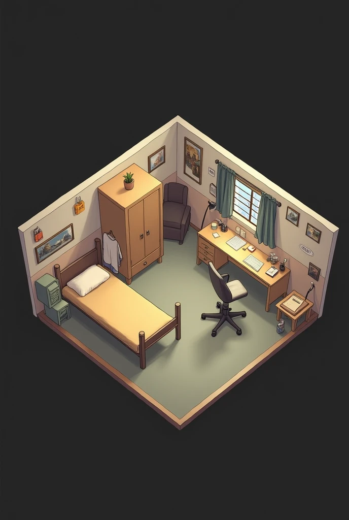 A small room with a bed, wardrobe, a desk and some chairs. 