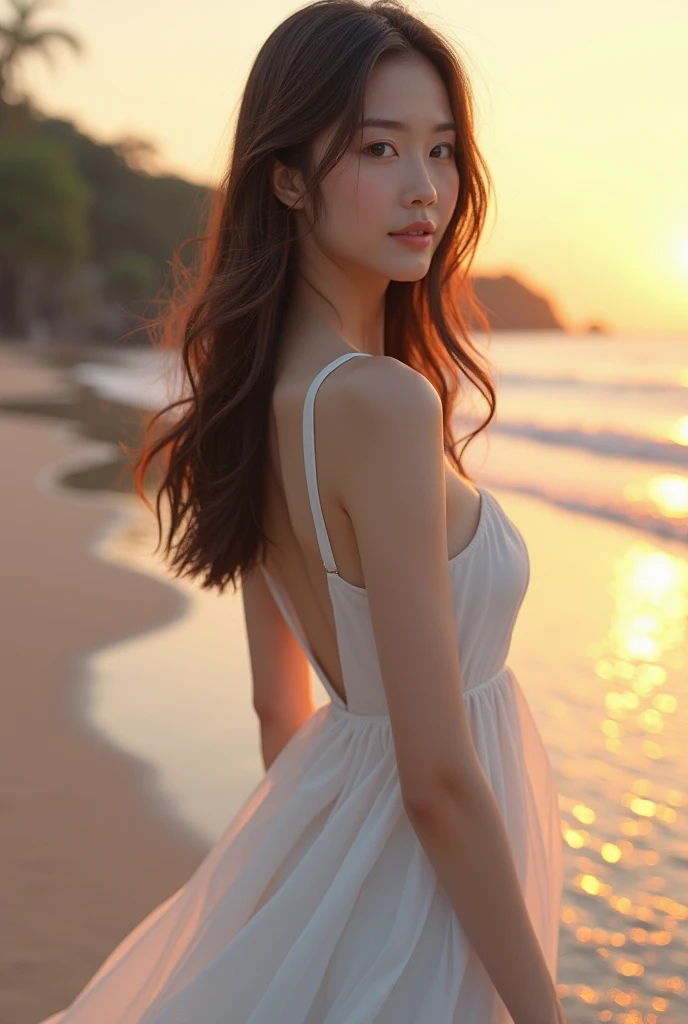 beach evening White dress Beautiful face like a Japanese actress Straight Hair Brown Hair