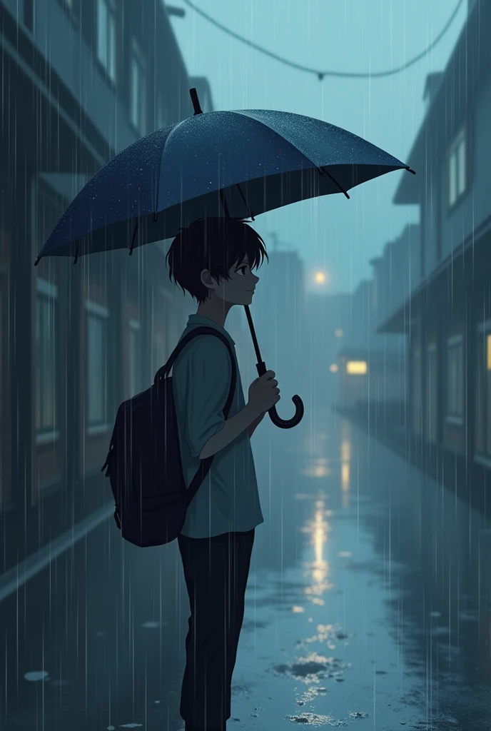 A scene of rain and anime boy with umbrella 