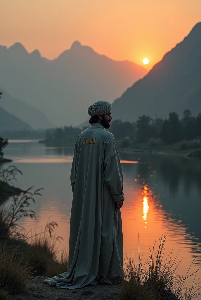 A maulana standing beside a river,on the mountain, sunsetting time, written name on his backside shakil