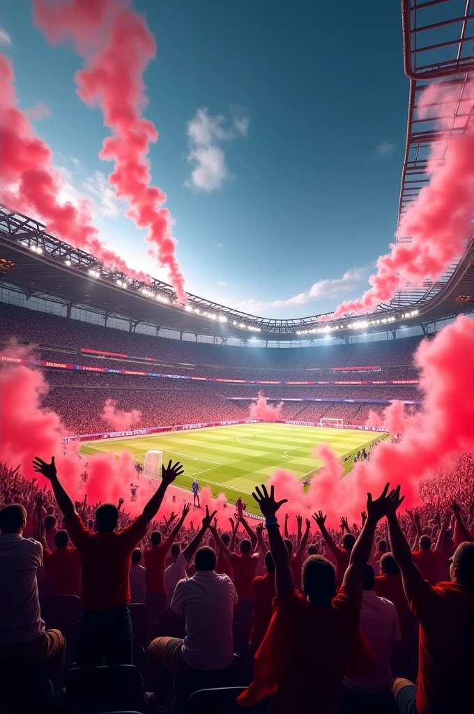 
"A modern stadium filled with cheering fans in the stands, with red and white smoke filling the air. The scene is dynamic and vibrant, capturing the energy of the crowd with high-resolution 4K quality details, colorful banners, and flags waving. Bright stadium lights illuminate the stands, emphasizing the intense and exciting atmosphere."