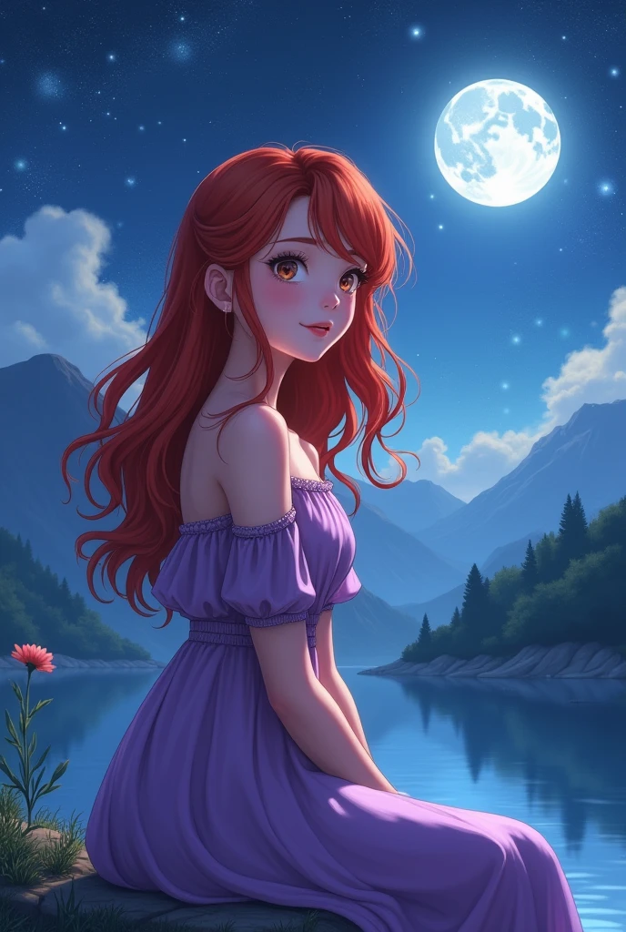1 girl , red beautiful wavy long hair, , wearing long purple greek dress, anime  style, best quality, digital art, in greek mount olympus, sitting by the lake at starry night , full sparkle moon, wondering expression, close up, expressive gorgeous eyes, contemplative mind, front view close up