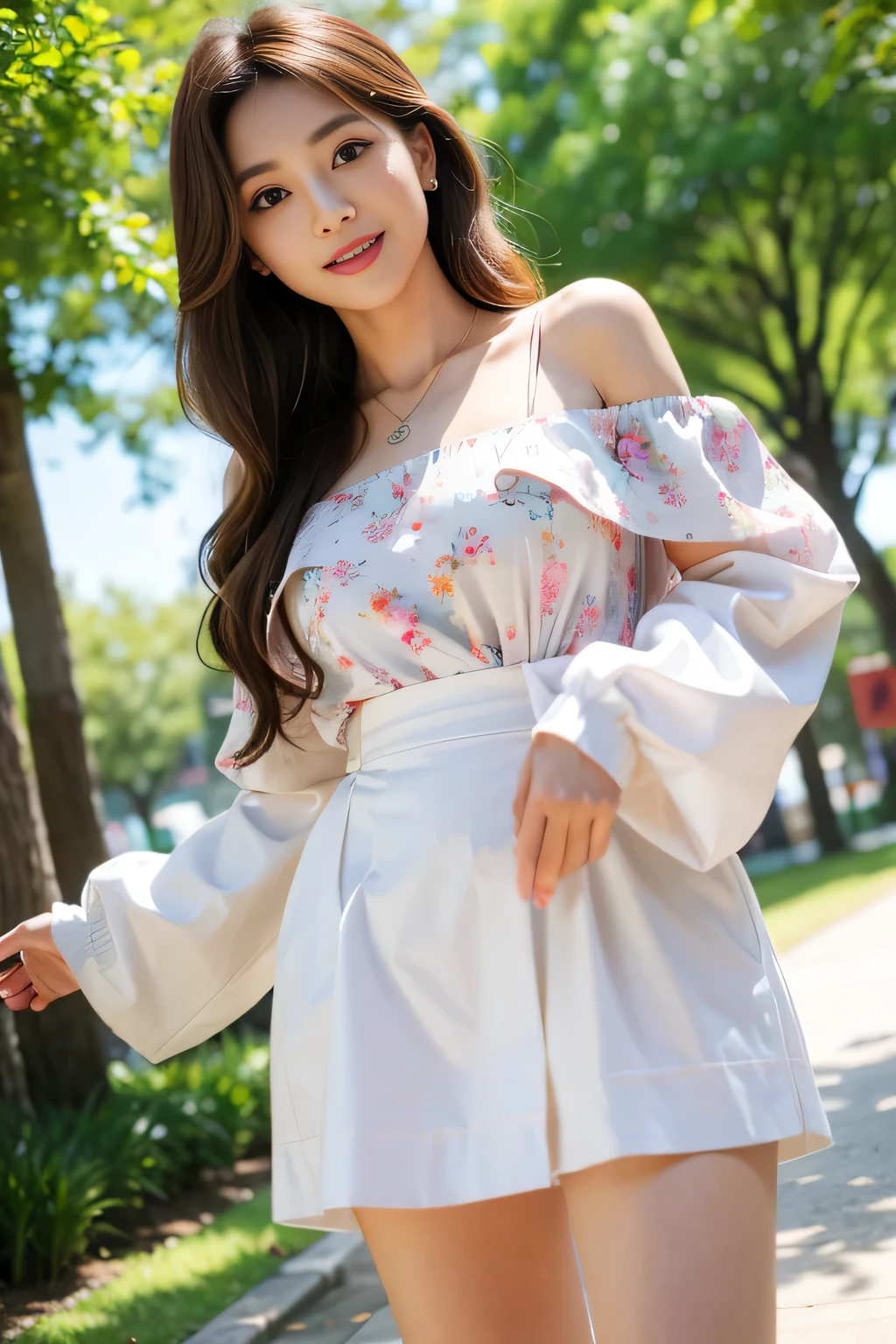 seed:381696201,((from below:1.2))、((Highest quality, 8k, masterpiece: 1.3)), concentrate: 1.2, Cute 1,The nipples are erect、 Perfect beauty: 1.4,Floral print off-shoulder blouse、Randall Color:1.1, Highly detailed face and skin textures, fine grain, double eyelid, whitening skin, ,Highest quality,Ultra-high resolution,you,1 person,alone,_Shiny_skin,iris,necklace,((brown_length_Wavy_hair)),(lips)),eyelash,Front hair,deal with,Compensate,Shiny,pore,skin texture,Large Breasts、smile、Walk in the park、