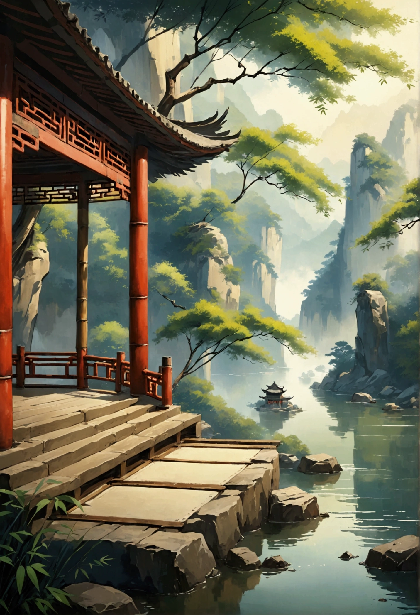 The scenery, Chinese style, Cliff, bamboo, dreamy atmosphere, floor