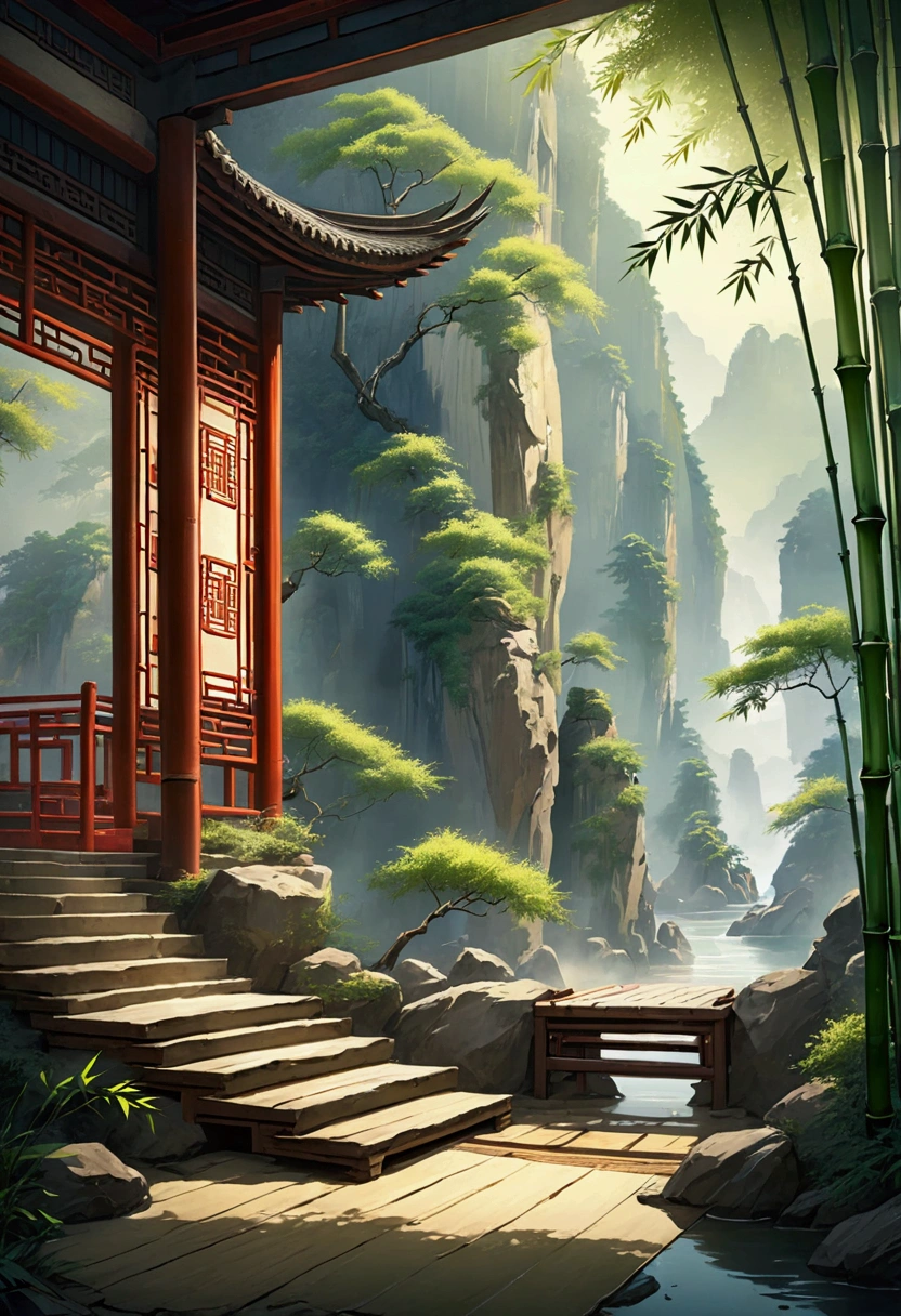 The scenery, Chinese style, Cliff, bamboo, dreamy atmosphere, floor