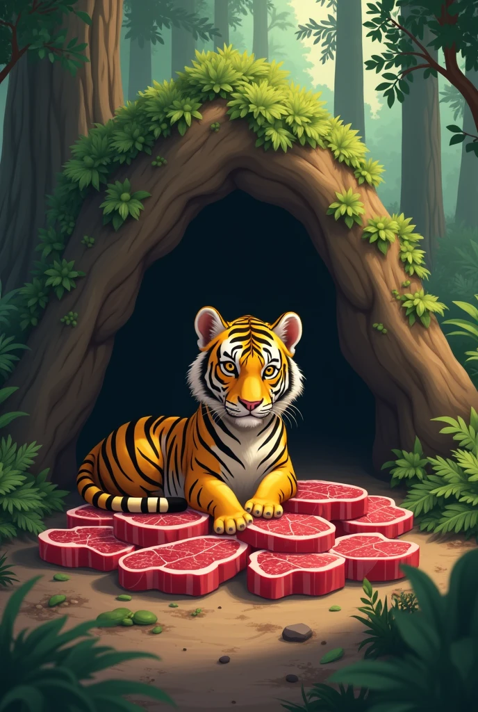 A scrawny yellow tiger,Expression of malnutrition,Store lots of steaks in the cave,Cute and realistic風格,Background forest,Cute and realistic