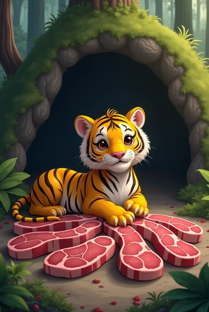 A scrawny yellow tiger,Expression of malnutrition,Store lots of steaks in the cave,Cute and realistic風格,Background forest,Cute and realistic