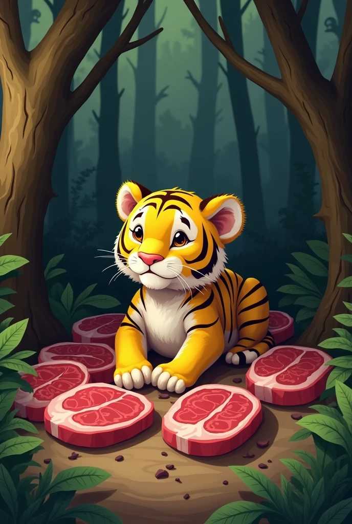 A scrawny yellow tiger,Expression of malnutrition,Store lots of steaks in the cave,Cute and realistic風格,Background forest,Cute and realistic