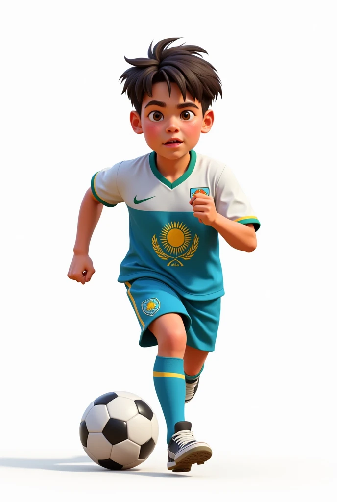 ((officially)) ((masterpiece)) ((Best quality)) ((detailed)) cartoon boy football player running with ball in uniform with emblem flag of Kazakhstan on white background