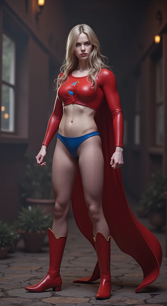 a supergirl in a fighting action, shot from below, red top boots, blue panties, pantyhose,