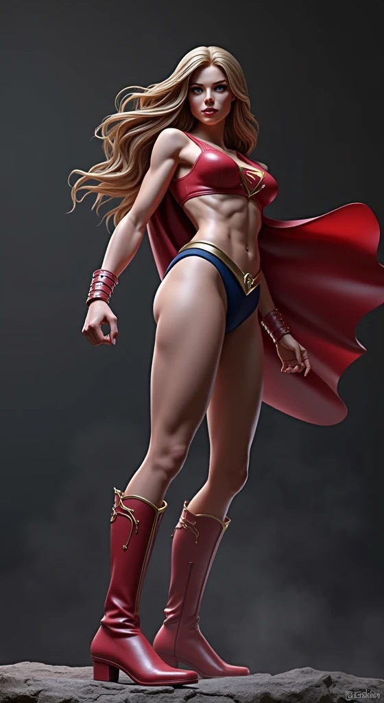 a supergirl in a fighting action, shot from below, red top boots, blue panties, pantyhose,
