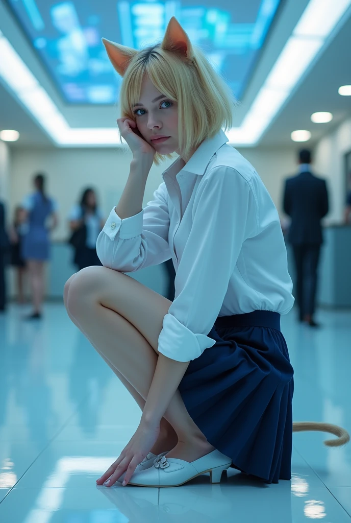 (photorealism:1.2), beautiful woman, swedish, blonde,sad, pensive, assistant, legs apart, speading, pussy, NSFW, white shirt, navy pleated skirt, white underwear, 18yo, corporate lobby, white floor and ceiling, blue lighting, hologram, projection,looking at camera, short hair, cat ears, cat tail, crouching ,