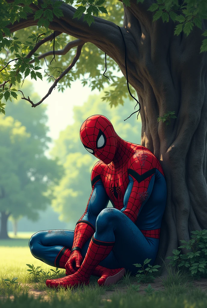 A wounded apiderman sitting under a tree
