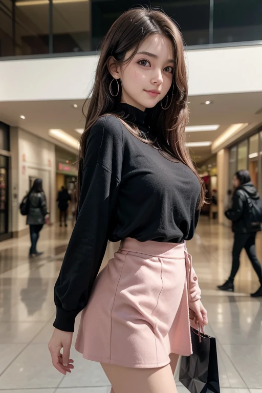 1 girl, adolescent, 15 years alone, High resolution, Long hair, breasts, breasts, blush, smile, Brown hair, black hair, hair between eyes, very long hair, Closed mouth, Horse tail, earrings, from one side, Multiple views, depth of field, necessary, anatomically correct, The best quality, hiper realist, realism, realist, Whole body, feet torso and head, full body, shopping mall in the background, people in the background, pink-red blouse, short pink skirt, Red blouse, black heels, pose natural,