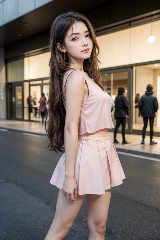 1 girl, adolescent, 15 years alone, High resolution, Long hair, breasts, breasts, blush, smile, Brown hair, black hair, hair between eyes, very long hair, Closed mouth, Horse tail, earrings, from one side, Multiple views, depth of field, necessary, anatomically correct, The best quality, hiper realist, realism, realist, Whole body, feet torso and head, full body, shopping mall in the background, people in the background, pink-red blouse, short pink skirt, Red blouse, black heels, pose natural,
