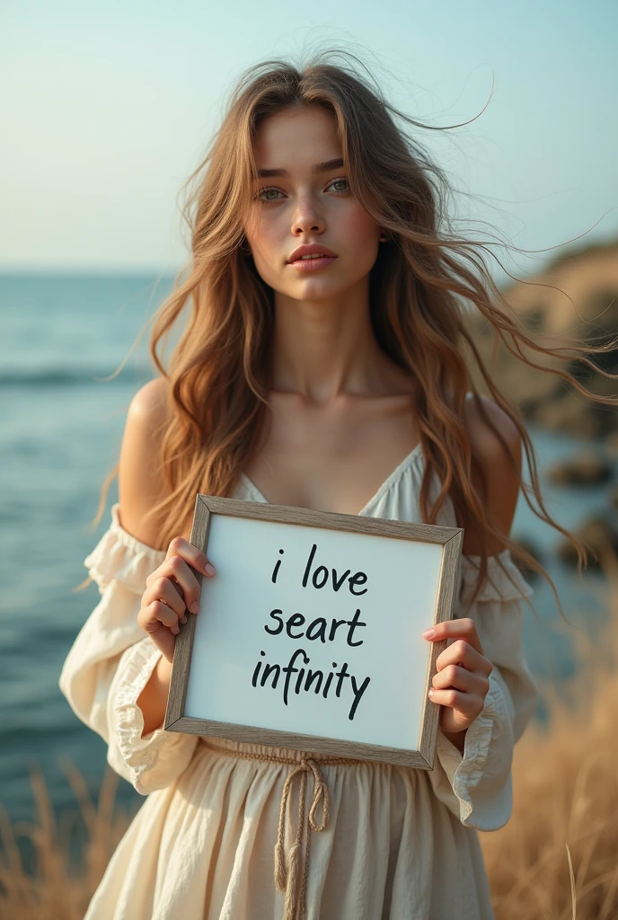 Beautiful girl with wavy long hair, bohemian dress, holding a white board with text "I Love Seaart Infinity" and showing it to the viewer