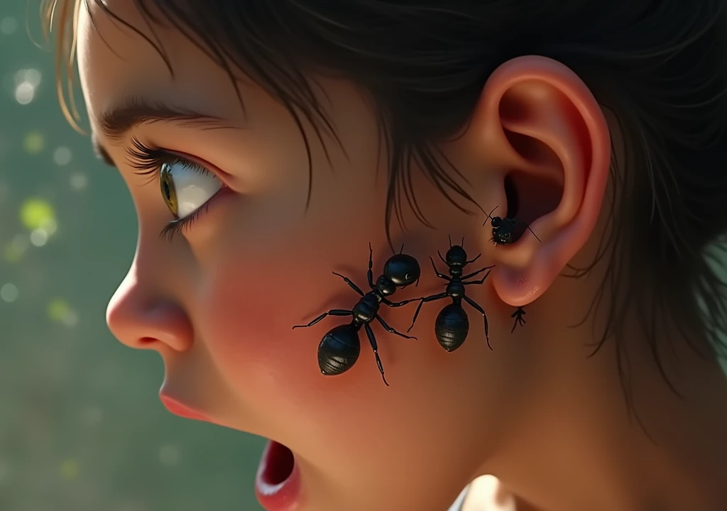 Photorealism.
Create a YouTube thumbnail featuring a close-up of a young girl's face from south america .. The focus is on her ear, where several large ants are clearly visible, crawling on her skin or emerging from the ear. The girl should have an expression of surprise very scared and crying , with her eyes wide and her mouth slightly open. Ensure the ants are detailed and prominent, contrasting sharply against the skin. The background should be softly blurred or in a neutral color to keep the attention on the girl's face and the ants. Use vibrant colors to make the ants stand out and enhance the overall impact of the image.