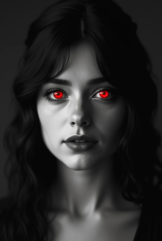 An old, mysterious black and white photograph, in the early twentieth century, The photo shows a beautiful young actress dressed up., beautiful like a goddess, Smiling, Mysterious monochrome photograph, Only her eyes are red, Bright red eyes are striking, close-up