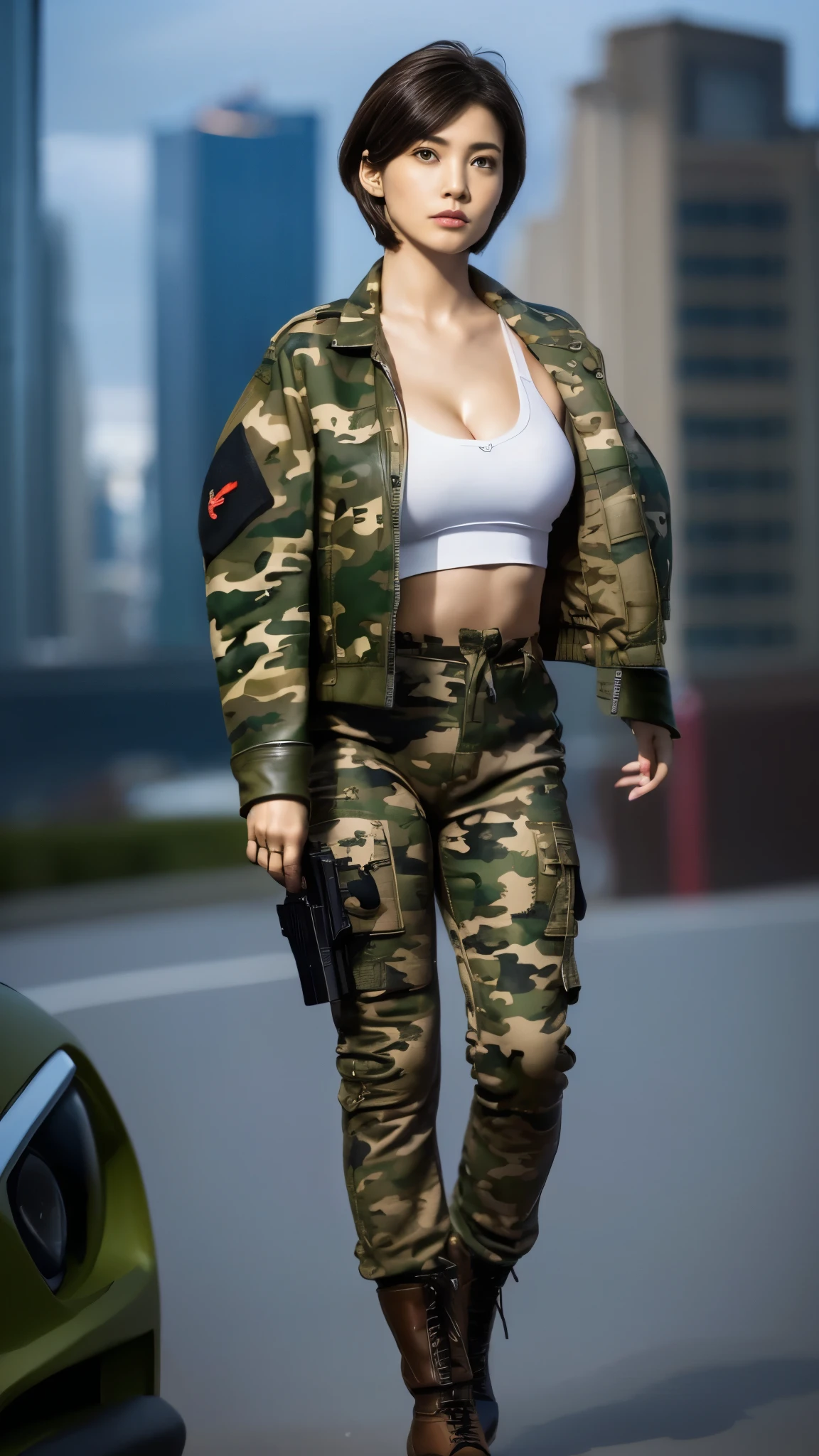 8k、Ultra-high resolution、Highest quality、masterpiece、Realistic、Ultra-high resolution、High-definition RAW color photos、Professional photos、real、photo realistic、(Always big breasts、Definitely a pretty big bust、cleavage)、Vivid lighting、Natural skin texture、Fine skin、Hyperrealism、Intricate details、Depth of written boundary、Adult women、masterpiece、Highest quality、High Detail、Eye highlights、Lip gloss、((Serious expression、((Short Hair))、Marathon runner、Lonely city center,ruins,battlefield:1.5))、((Combat Boots,Black Leather Gloves,(Camouflage Cargo Pants,Camouflage pattern jacket,Hold a pistol):1.6)),See-through nipples