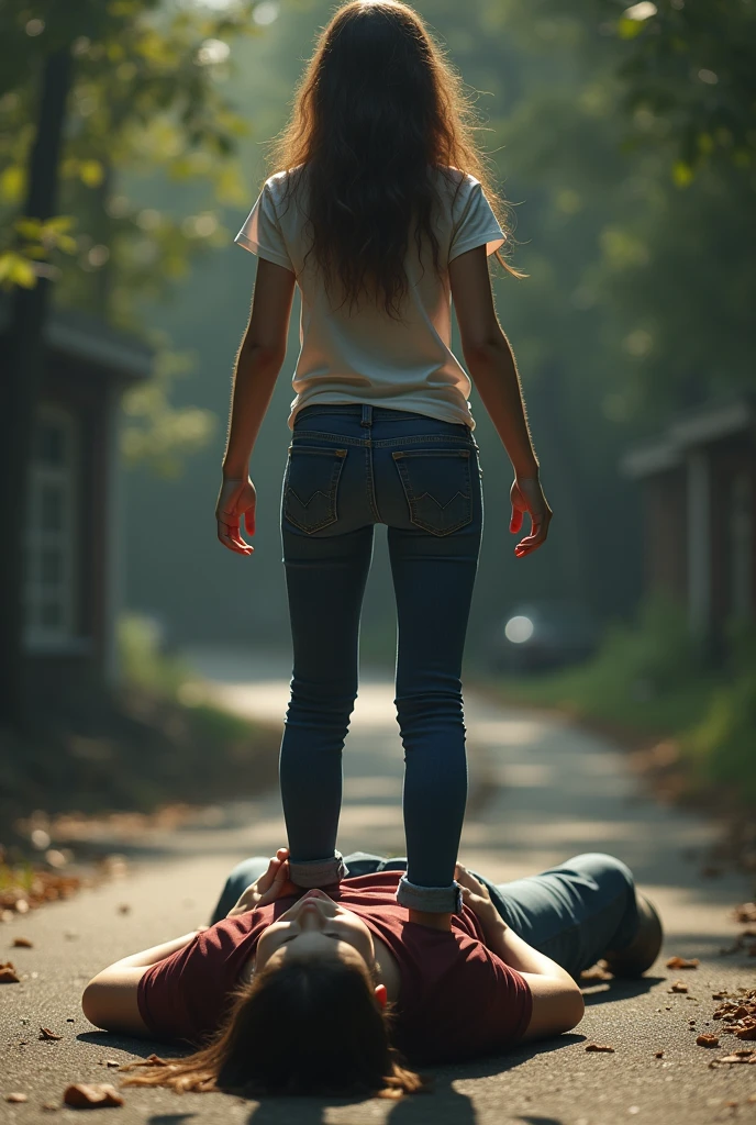A girl is standing directly on a guy lying with her back to the ground, (crushed under her feet) by another girl, trampled on her chest, turned away showing her butt, wearing jeans, real photo, 8k, teens