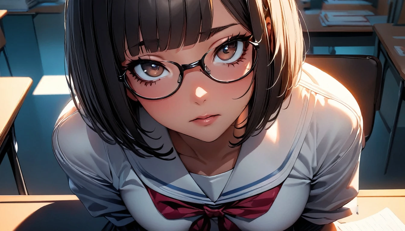 ((highest quality:1.2, Very detailed, up to date, Vibrant, Ultra-high resolution, High Contrast, masterpiece:1.2, highest quality, Best aesthetics), Portraiture、girl、solo, (25-years-old:1), slim, brown eye, Bright colors、Beautiful fine details、Beautiful lip detail、extra short hair, ((bob cut:1.5))、black hair, (highlights hair: 1.6), (medium breast:0.7), (tan skin:0.5), glasses, school uniform, studyind, sitting at the study desk, bright room, looking up viewer:1, side view, (look like asking for help:1),troubled face:2