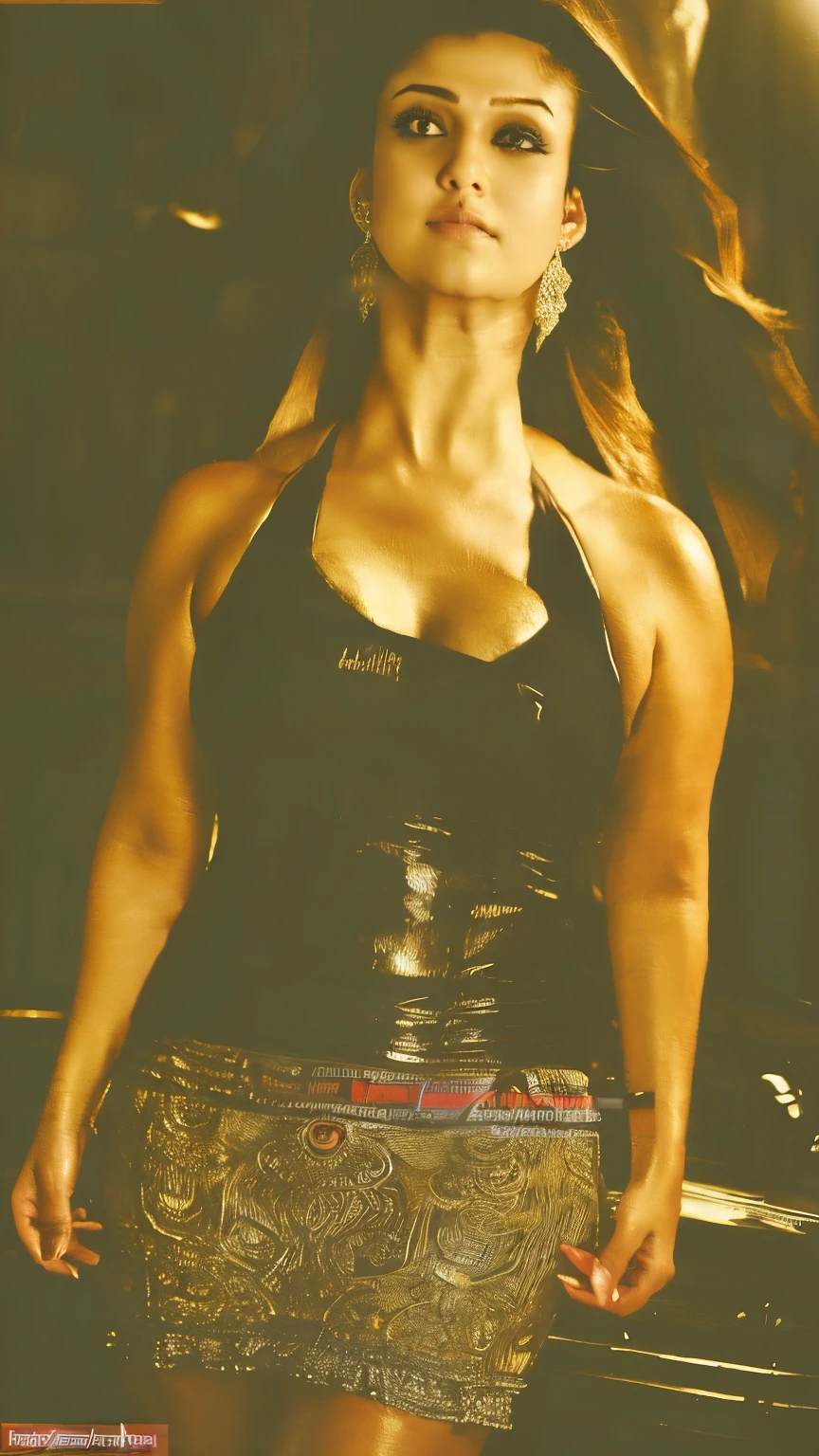 from bottom view, extreme close up photo of nayanthara, big cheeks, curvy, hourglass figure, swooping breasts, deep cleavage, open arms, sexy armpits, holding torch light and standing with wide open spread legs on road in dark night and having sex, without dress (cinematic:1.3), intricate details, (ArtStation:1.2)