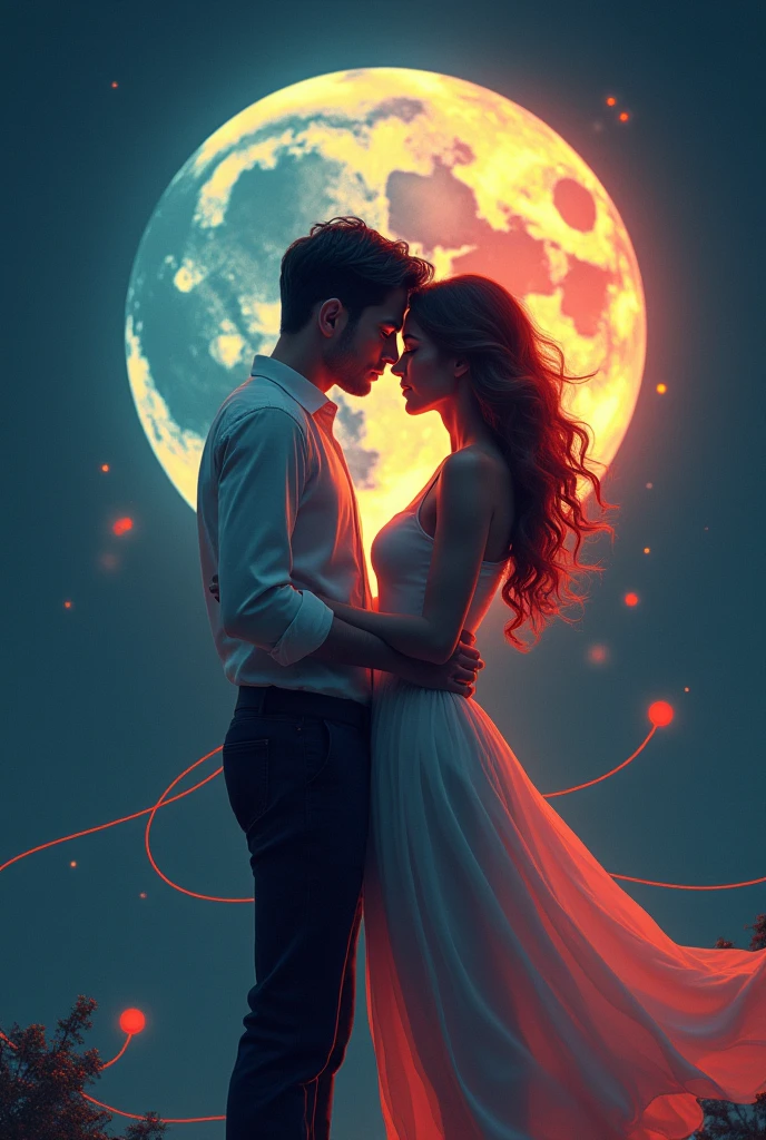 Two halves of the moon facing each other beautifully while two couples connected with red string