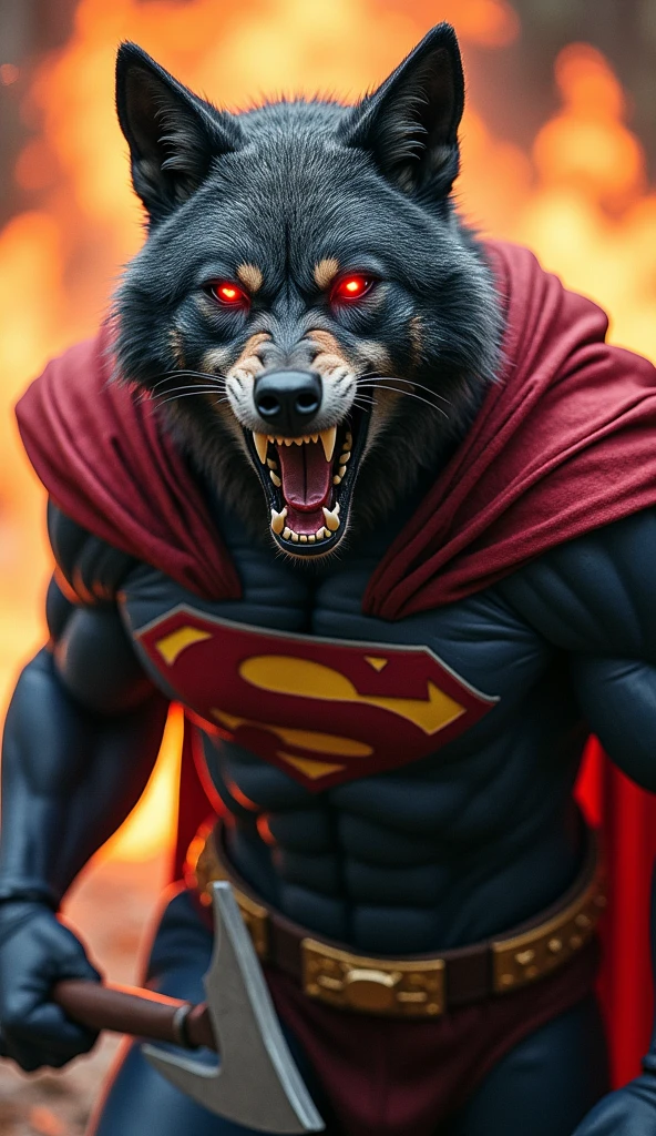 Angry Wolf roaring + in super man costume muscular red eyes in hand fire axe