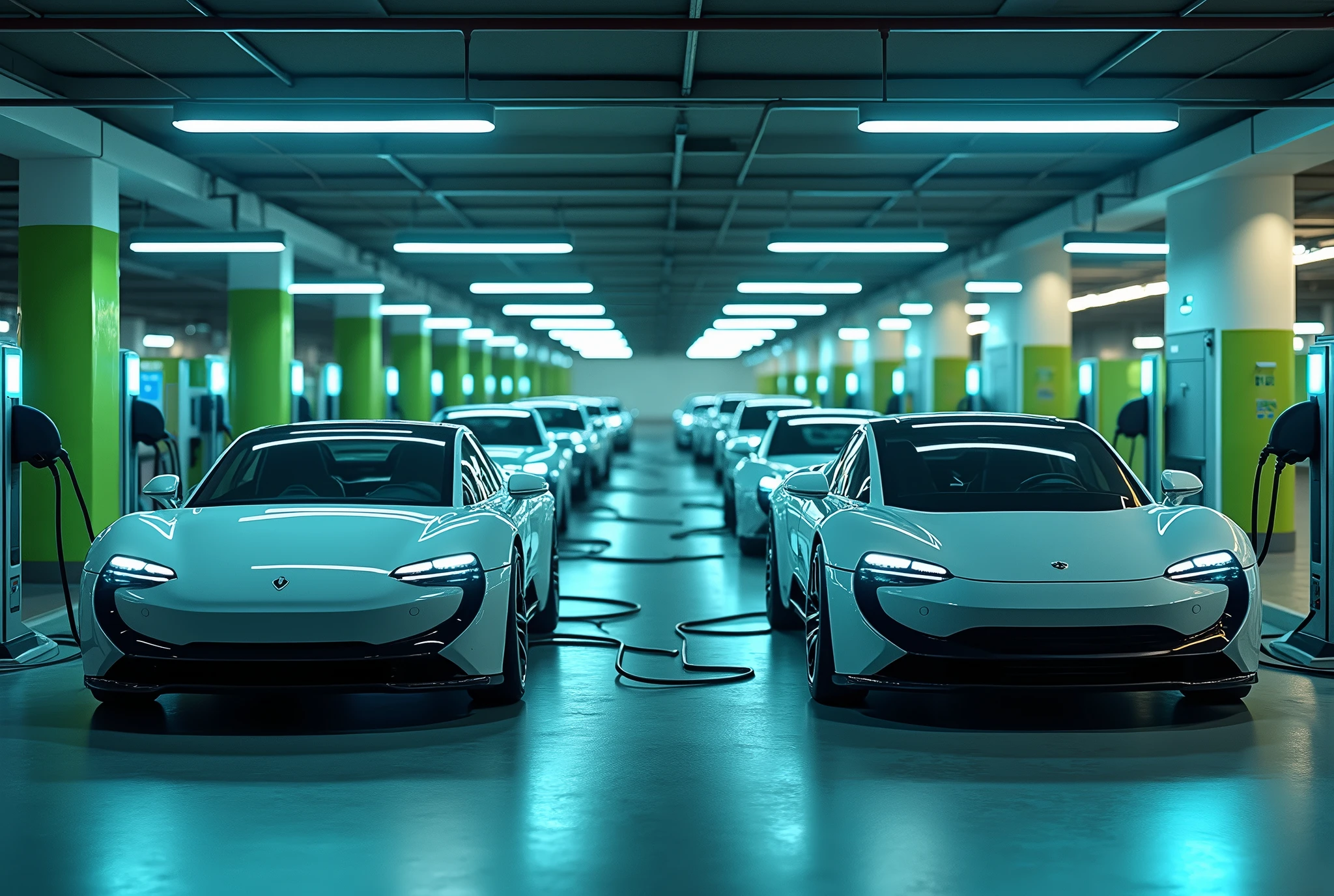 A modern parking lot filled with sleek electric cars, each one plugged into a charging station. The vehicles, with their futuristic designs and smooth lines, are neatly arranged in rows, connected by thick cables to charging units that display glowing indicators. The charging stations are equipped with digital screens showing charging progress, while soft, ambient lighting illuminates the area as the cars silently draw power. Nearby, green and blue signage emphasizes the eco-friendly nature of the scene, with symbols of sustainability and electric power prominently displayed. The overall atmosphere is one of quiet efficiency and forward-thinking technology, as the electric cars recharge, ready for another emission-free journey. [(Suspended in the air between scene and the viewer, a translucent, almost ghostly black message reads exactly: "Fuck!". The text appears as if it's floating, blurred at the edges, with the letters formed from a faint mist or white smoke that lingers in the space. The smoky words are readable, though not overly bright, hovering just in front of his gaze, creating a surreal yet powerful effect. Text exactly says: "Fuck!". They seem to be written in chalk. The text says: "Fuck!". semi-transparent text that reads 'Fuck!' in a dramatic, bold font. The text almost acts as a title, floating in the air, partially obscuring the scene but enhancing the overall tension and urgency of the moment)]