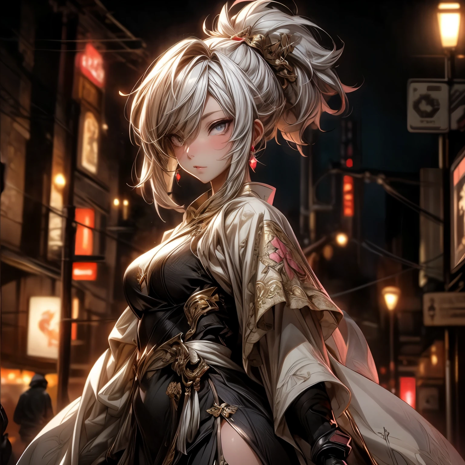(best quality)), ((Masterpiece)), (details:1.4), 3d, HDR (high dynamic range), an image of a beautiful cyberpunk female, Cyberpunk, medieval, Pink hair, High ponytail, Full body, Beautiful white eyes, จมูกโด่ง, ปากแดง, หน้าอกใหญ่, nvidia RTX, PBR surface, After processing, Anisotropic filtration,depth of field, Maximum clarity and clarity, multi-layered surface, Subsurface scattering, perfect proportions, 8K raw files, ultra detailed, Perfect proportions, volumetric lighting, soft lighting, Holy Paldin, Heavy Silver Armor, Golden dress, glossy skin, intricate Golden embroidery, Village background, jewely, ต่างหู, นิ้วมือสมบูรณ์, mini skirt
