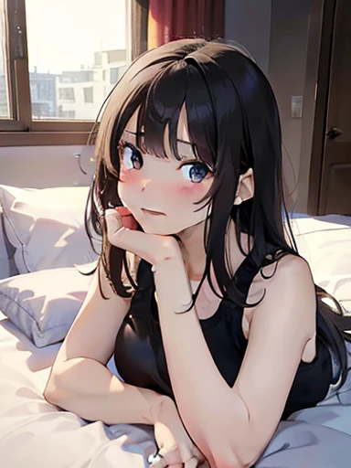 masterpiece, High resolution, High resolution, High resolution, Girl, cute, adorable, smiling, straight hair, long hair, black hair, morning, sunny, looking at the camera, bedroom, sunlight, tank top pajamas, (Resting chin:1.8) (on both hands:1.5), lying on bed, on stomach, on belly, (put stomach on bed:1.3)