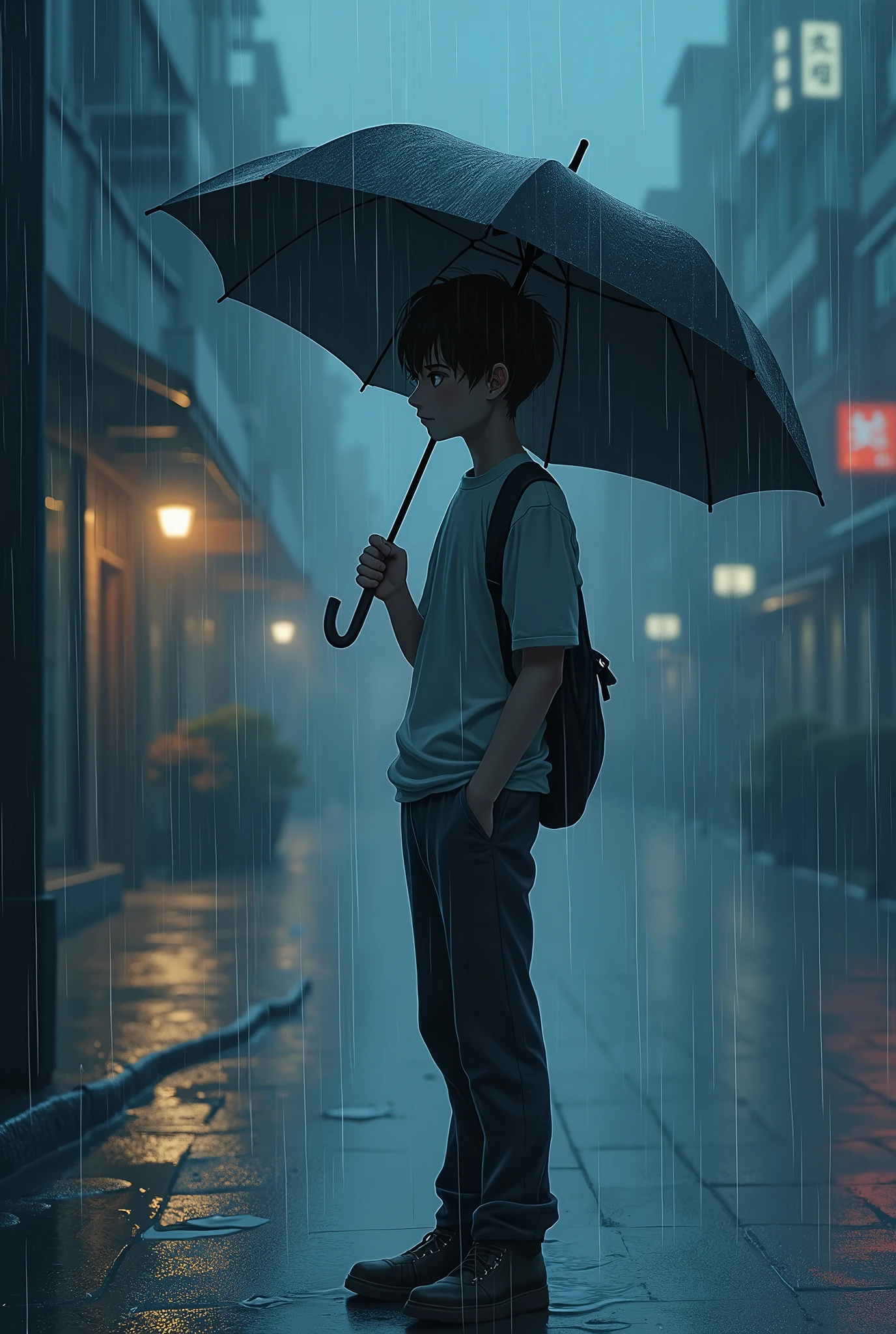 A scene of rain and anime boy with umbrella 