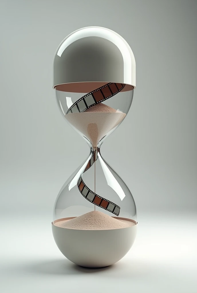 create an hourglass where the two bulbs inside resemble a medicine pill capsule and instead of sand flowing inside the hourglass there have to be movie strips forming inside the hourglass