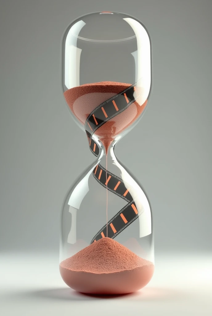create an hourglass where the two bulbs inside resemble a medicine pill capsule and instead of sand flowing inside the hourglass there have to be movie strips forming inside the hourglass