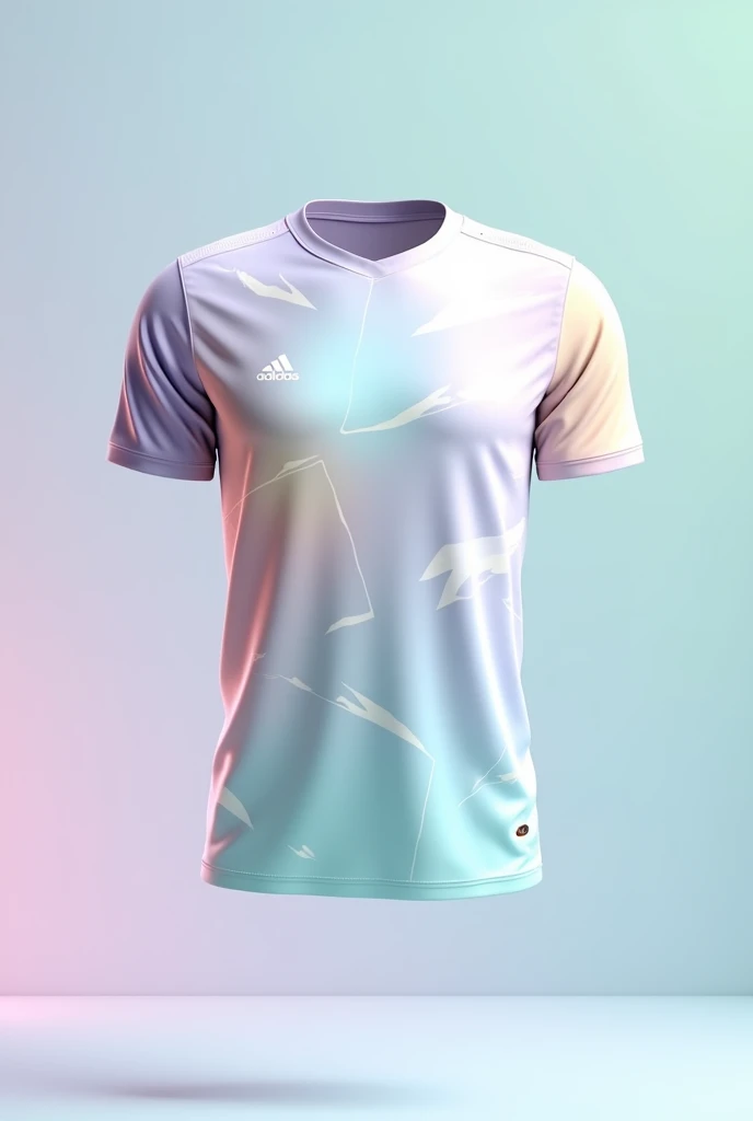 Create a jersey design with following ideas

Colors: Soft pastel shades like lavender, mint green, peach, and sky blue.
Design Elements: A smooth gradient that transitions from one pastel color to another, creating a calming, dreamy look. The gradient could run vertically, horizontally, or even diagonally.
Extras: Use a subtle, white geometric pattern overlay (like triangles or hexagons) to add depth without overpowering the softness of the colors.
Place the logo on the chest and full sleeves jersey to be designed 