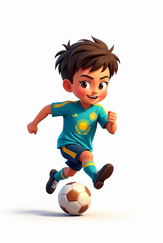 ((officially)) ((masterpiece)) ((Best quality)) ((detailed)) cartoon boy football player running with ball in uniform with emblem flag of Kazakhstan on white background