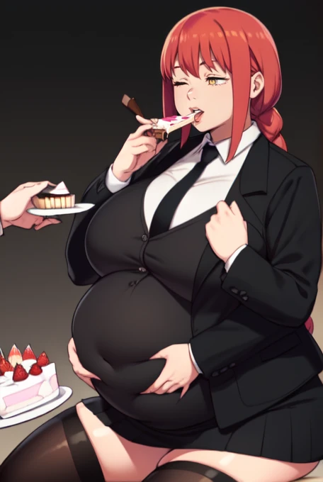 (masterpiece, best quality), 1girls, big belly, blurry background, huge belly, art by kipteitei, round belly, chubby, curvy, long hair, red hair, black mini skirt, thighhighs, simple_background, gradient_background, belly bursting out of black ,(((black suit jacket))), long sleeves, wearing a black tie, enormous belly, fat belly, thicc, bigger belly, really big belly, jiggly belly, giant huge belly, big enormous belly, ((((gigantic belly)))), bloated belly, fat belly, ginormous big belly, expanding big belly, sfw, safe for work, kneeling on bed, sfw (safe for work), makima, (((a person out of frame is feeding her cake, cake is being shoveled into her mouth, her lips are closed around a slice of cake, a platter of cake, she has her mouth open wide f))), sweating, blushing, (mouth open wide, she is saying aaah), ((her belly is being grabbed and played with by floating hands))