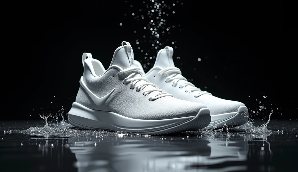  a luxurious white color ''  Basketball shoes''  ,8k,ultras resolution stock photography and deep luxuries black background and studio lighting and product photography and clear in product close up photo  and some water flying air .
