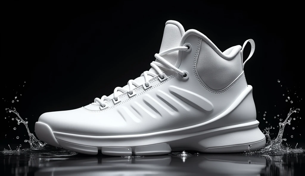 a luxurious white color '' Basketball shoes'' ,8k,ultras resolution stock photography and deep luxuries black background and studio lighting and product photography and clear in product close up photo and some water flying air .
