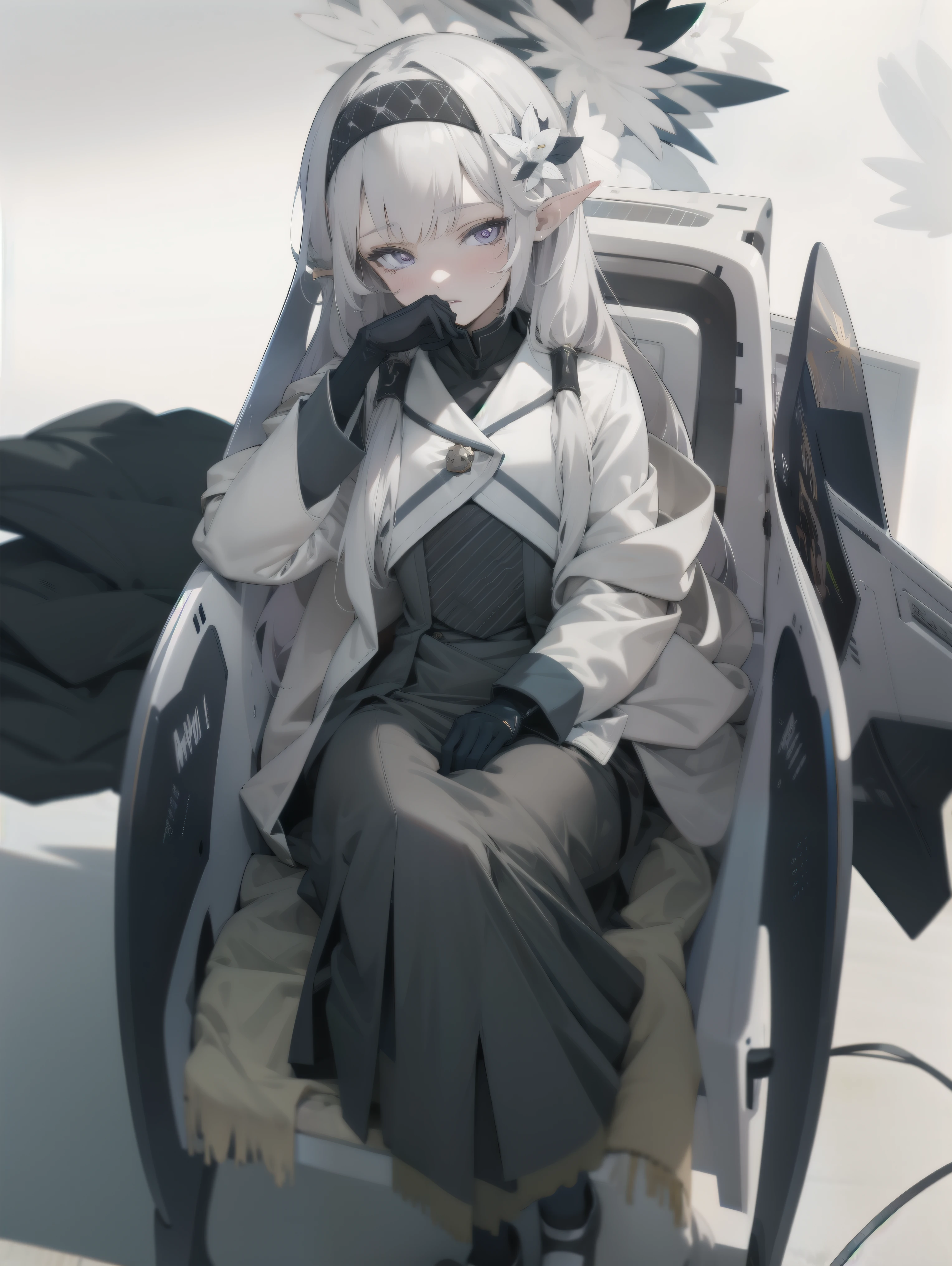 flower,Gray Hair,Hiamuriba,Long Hair,bangs,hair ornaments,black hair band,wheelchair,Black trousers,Brown Skirt,hair band,Pointed Ears,black gloves,hair flower,Hello,Hair Tube,white Jacket,Toeless legwear,((dress)),((Long skirt)),gloves,Long sleeve,Sitting,Purple eyes,Jacket,masterpiece, Official Art, Very detailed CG ユニティ 8k 壁紙, Very detailed, Absurd, 8k resolution,