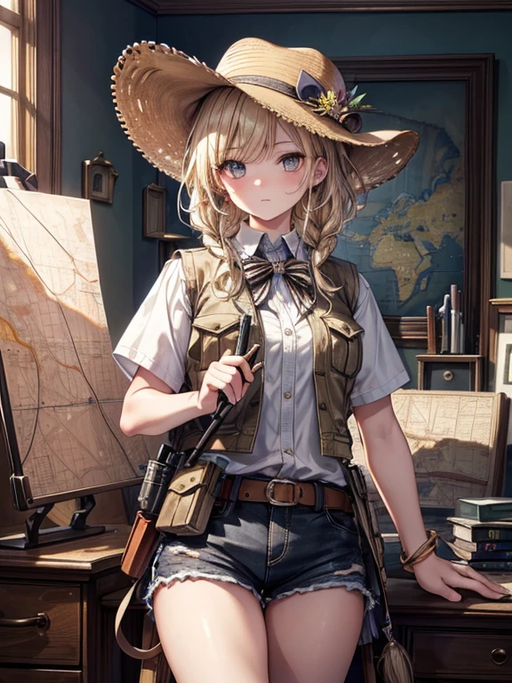 masterpiece, Highest quality, Very detailed, 16K, Ultra-high resolution, Cowboy Shot, Girl, Detailed face, Perfect Fingers, Golden Eyes, blonde, Braiding, A vest with lots of pockets, Shorts, Explorer knife, Safari Hat, azimuth magnetic needle, telescope, map, A room with lots of cluttered items, Organization tools
