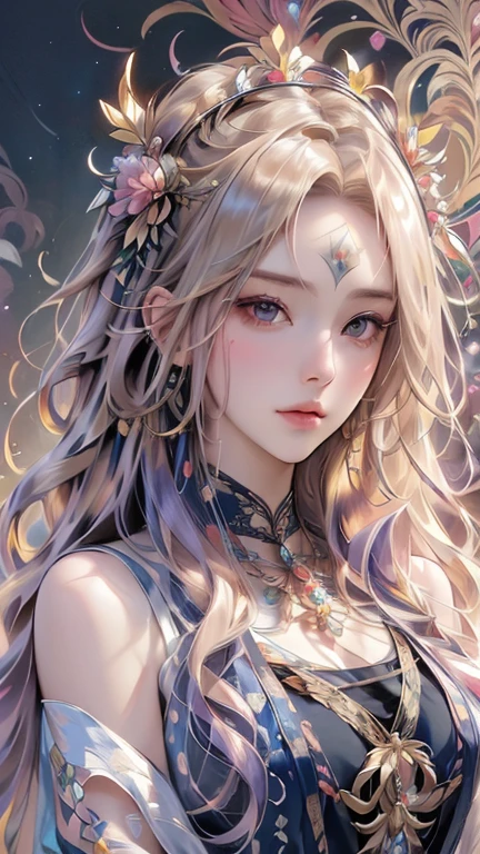 European woman face portrait, Long Curly Hair, blonde, Floral frame, Decorative panel, Abstract art, Alphonse Mucha (masterpiece, Highest quality, High resolution: 1.4), detailed, 複雑なdetailed, 4K, Color Splash, Line art, Fibonacci,