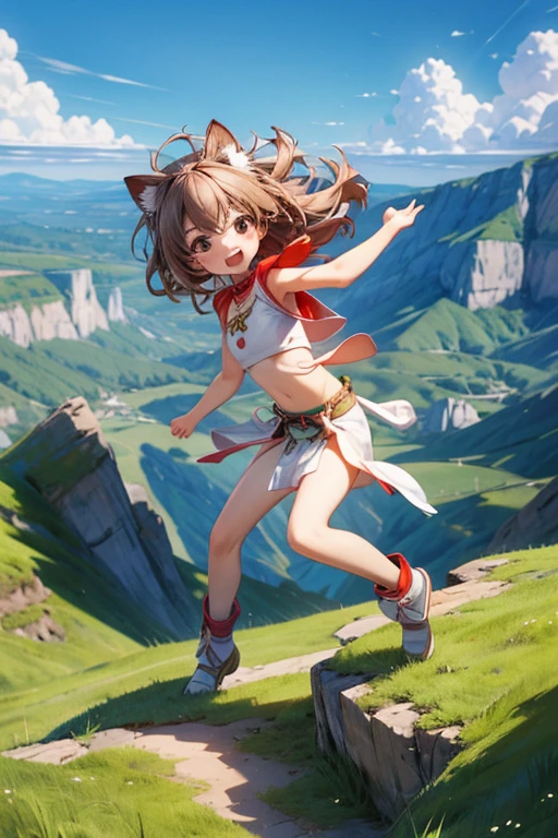 ((Masterpiece)), (Anime:1.3), ((best quality)), (RAW photo:1.2), (High Definition:1.3), (Professional Photography:1.2), (), cute teenage girl, (full body), BREAK, pale brown hair, (collar), messy hair, medium hair, black eyes, laughing, open mouth, blush, put on cat ears, hairs in the air, BREAK, (best quality), (ethnic long loincloth:1.4), small beast, (slender body), Glossy skin, BREAK, (High Definition), (Above 100 meters altitude), crouching on a precipitous cliff, crouching, (Landscape below the deep cliff:1.3),