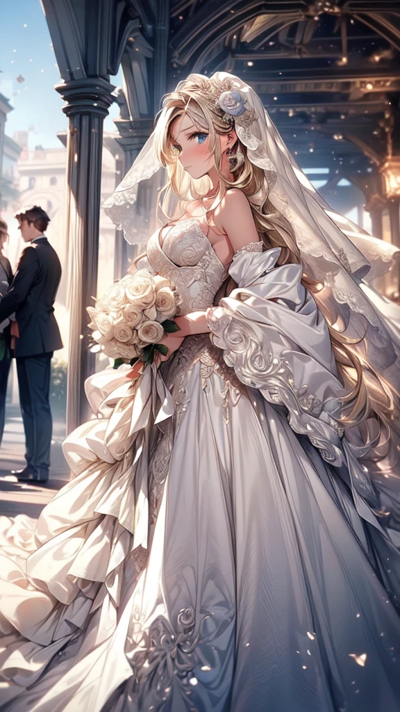 (masterpiece, best quality, beautiful and aesthetic:1.3), Looking at the audience, 1 Girl, Solitary, A faint smile, (cosmetic, Long hair, Light Beige Hair, blue eyes:1.2), Octane Rendering, Wedding Veil, Lace-trimmed dress, transparent, Wedding dress, outdoor, White Rose, garden, morning, permanent, Extremely detailed,