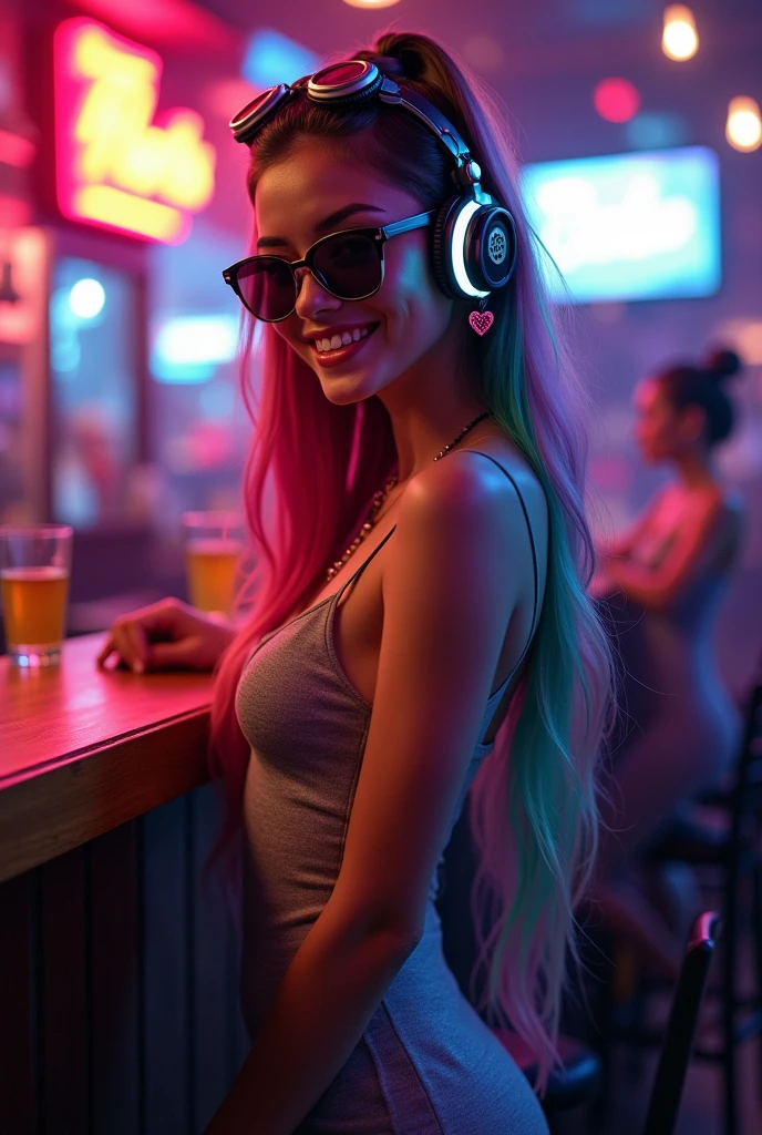 A girl in a grey mini dress is standing at a bar, Long Hair, Rainbow Hair, Shiny Hair, Put goggles on your head, sunglasses, Headphones, Glowing Eyes, Heart Earrings, compensate, smile, shy, Happy, Cinema Lighting, close, Eye-level shot, masterpiece, Ultra-high resolution, Super Detail